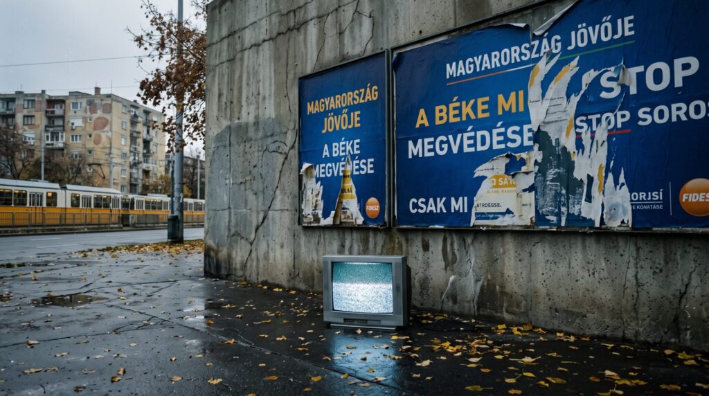Elhagyott, hangyás képet sugárzó katódsugárcsöves televízió a vizes járdán egy kopott betonfal előtt, amelyen szakadt, kék színű politikai kampányplakátok lógnak, a háttérben budapesti villamossal.